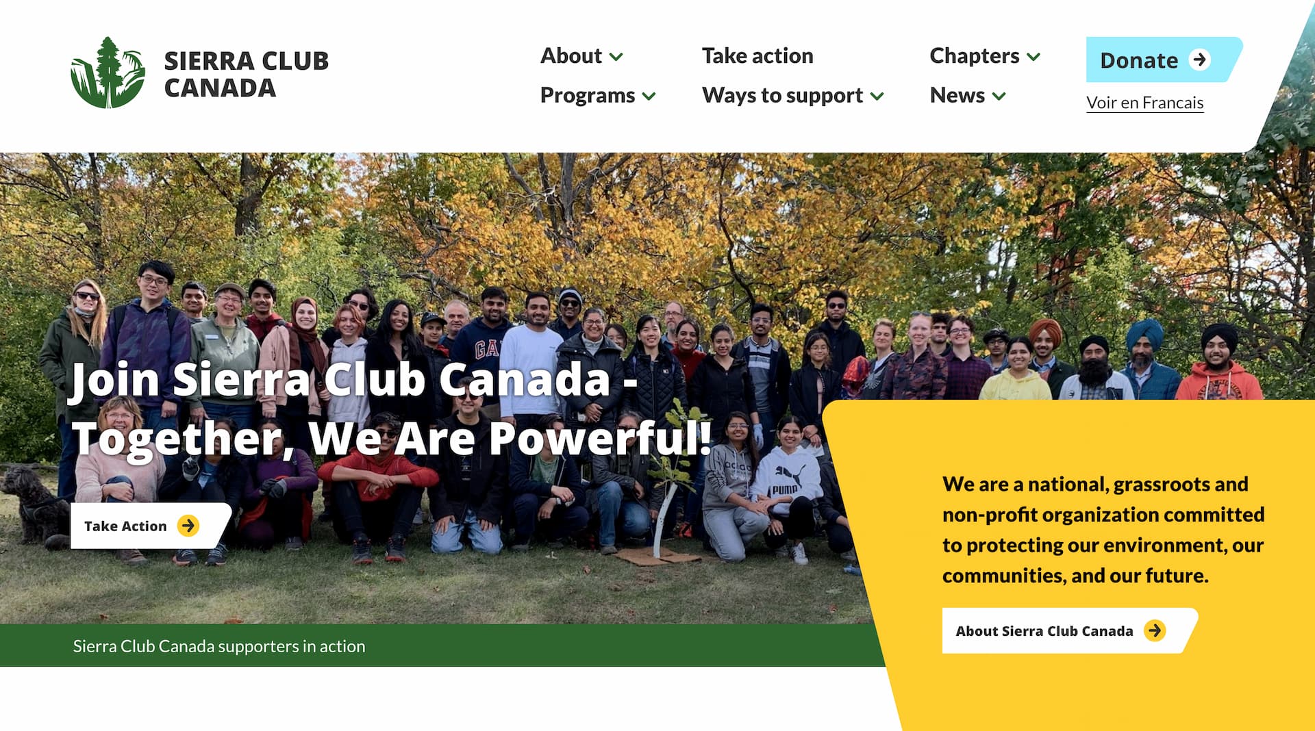the opening header and hero of Sierra Club Canada. It features a photo of a supportive group of people, and the site iself has bold natural colours and fun shapes.