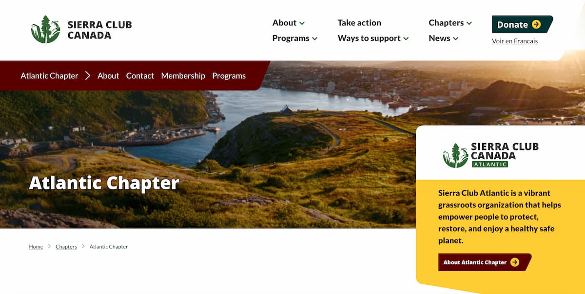 The Atlantic Chapter homepage for Sierra Club Canada. It's quite similar to the homepage of the entire site, but is populated with chapter specific content.