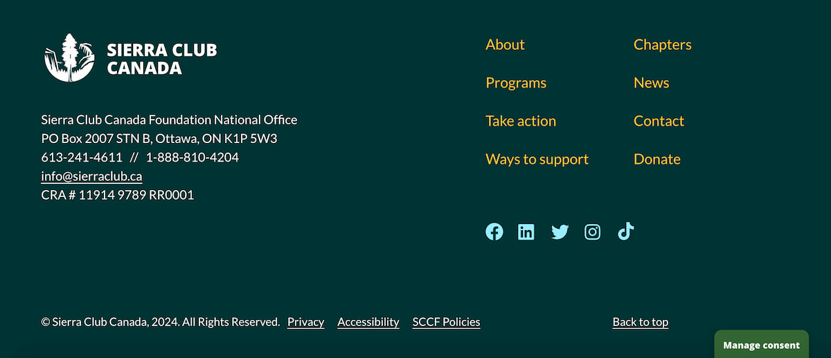 The forest green footer of the Sierra Club Canada website, which includes a menu and many links