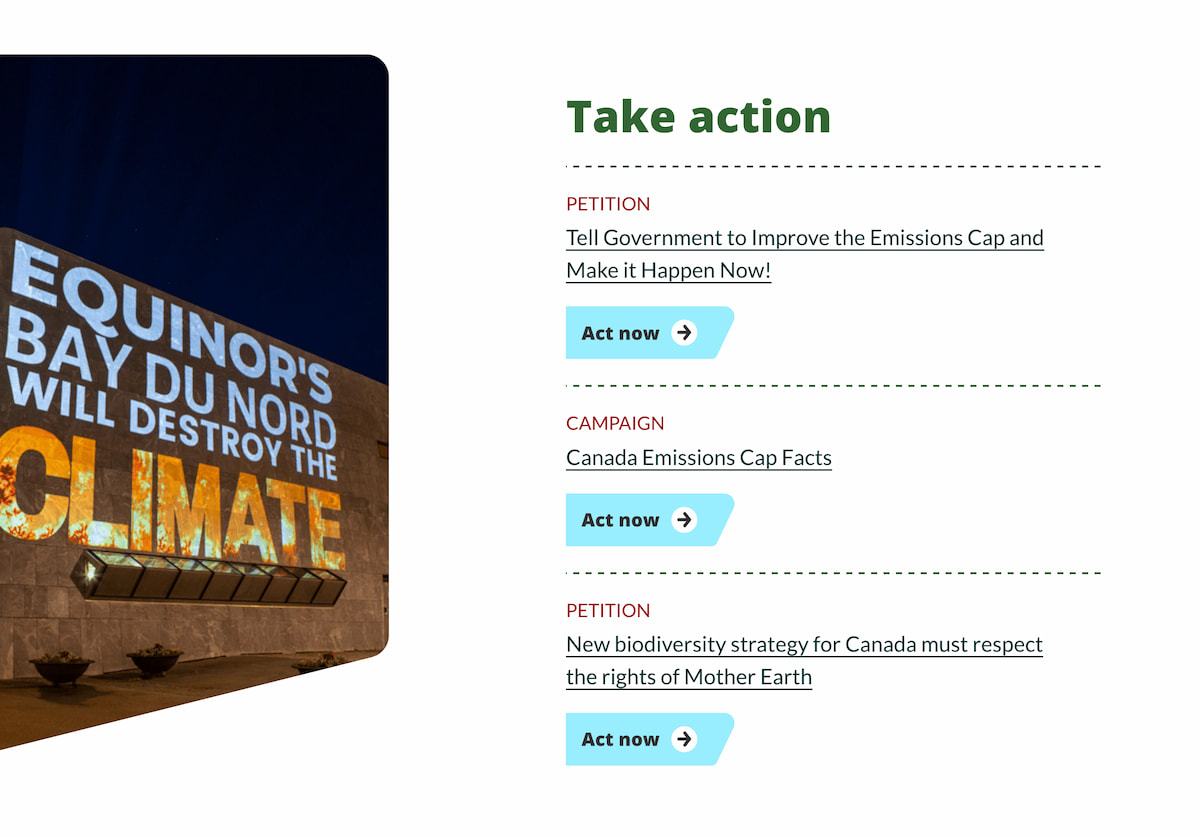 the Take Action layer, which showcases petitions, webinars, and campaigns and their featured images