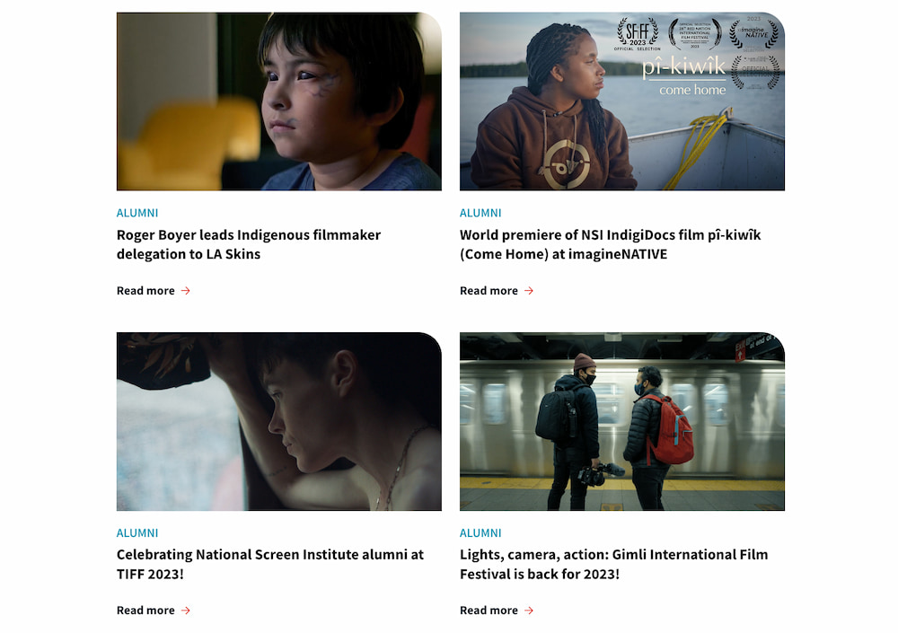 A screenshot of the alumni page. The works of the alumni are featured with a nice screenshot, alongside the title of the post associated with the alumni filmaker.