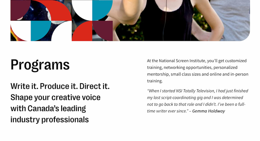 The programs page header. It features a large photo overlaid with graphic shape elements, and a written description about the customized training, networking, and classes NSI provides.