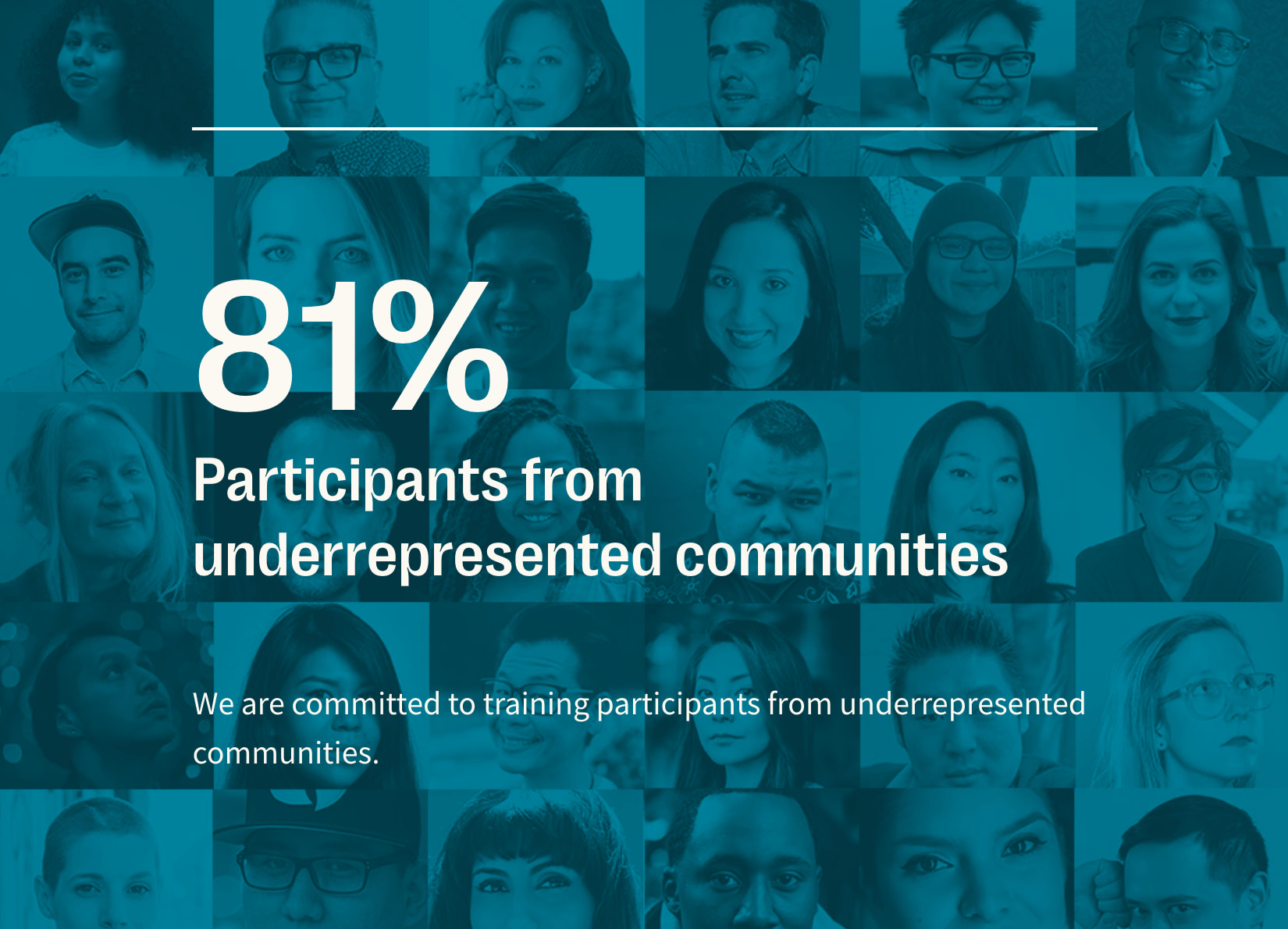 A stastistic from the NSI website: 81% rticipants from underrepresented communities. We are commited to training participants from underrepresented communities.