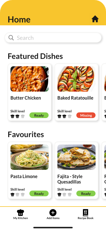 a finished screenshot of an app home page containing featured dishes, recently made dishes, and a row of icons at the bottom. It's bright and friendly.