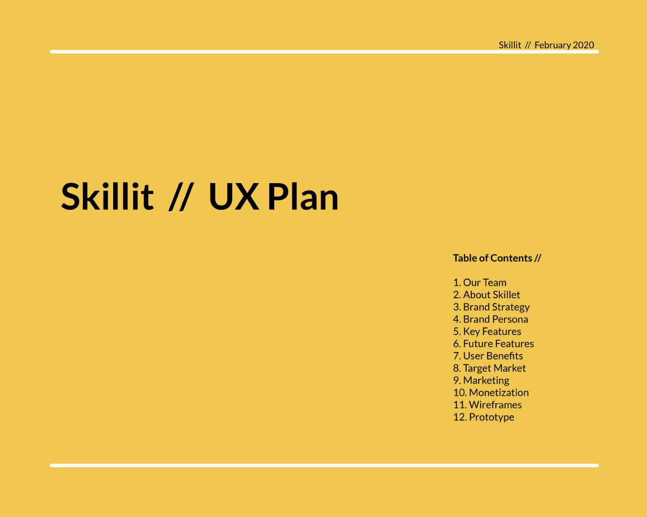 the front page of a UX plan for Skillet