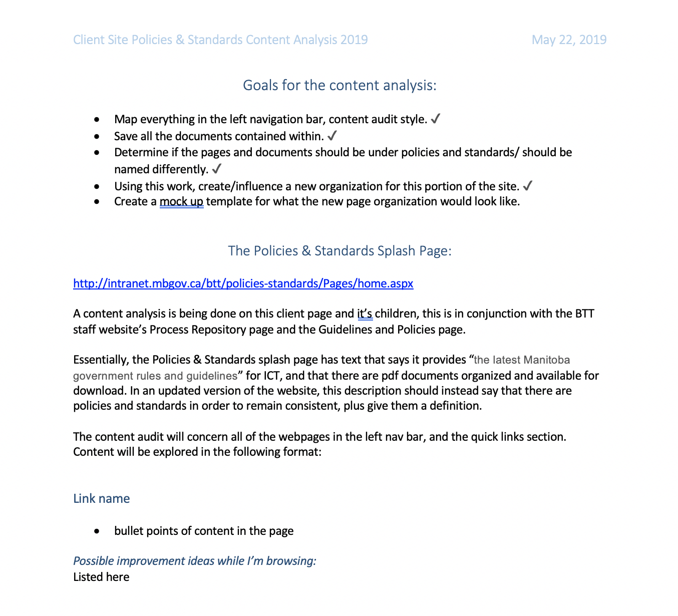 a screenshot of the opening page of a content analysis on Policies and Standards