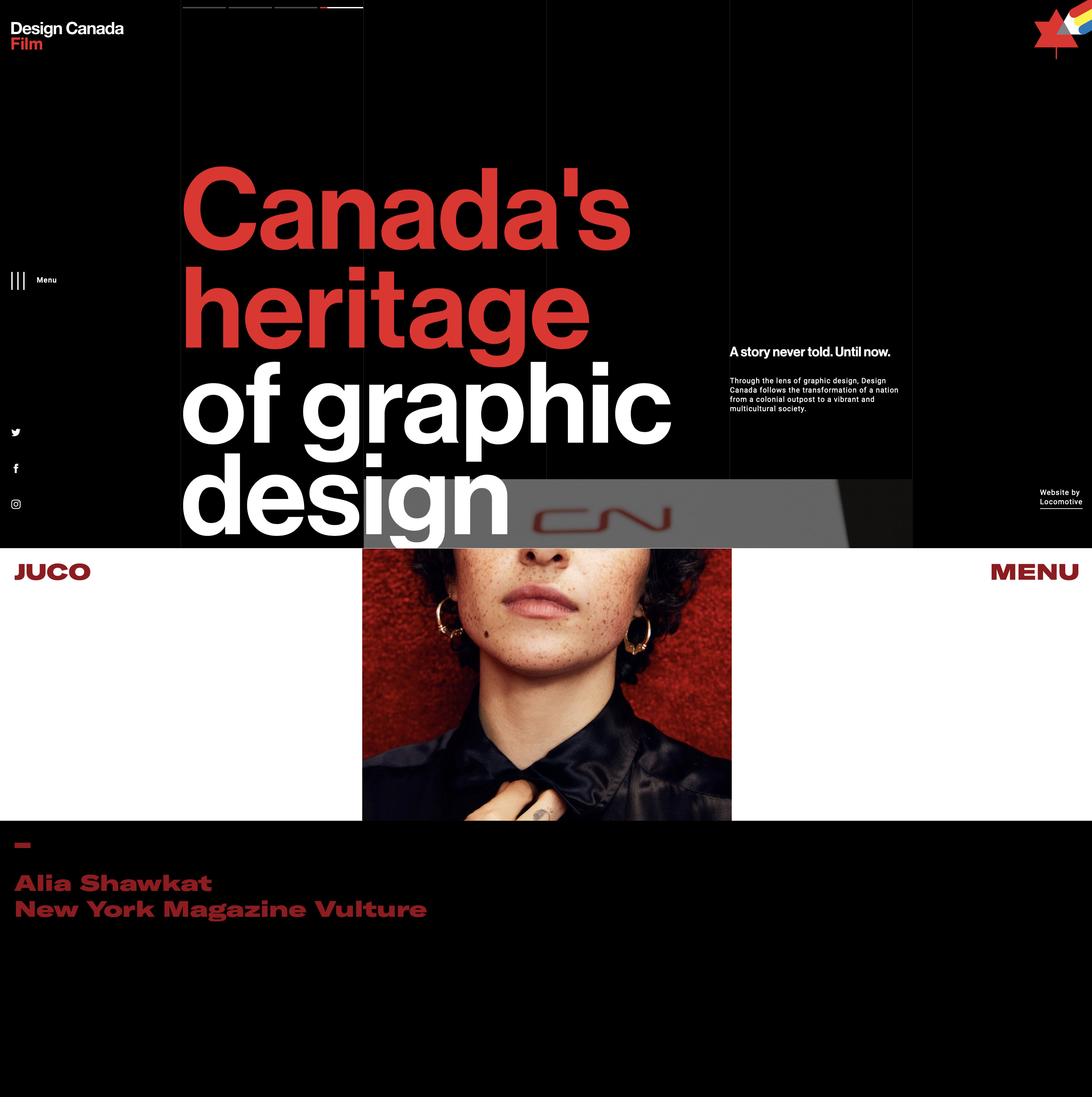 two websites styled in a fresh way, with black bacgrounds and large white type, with a red accent colour.