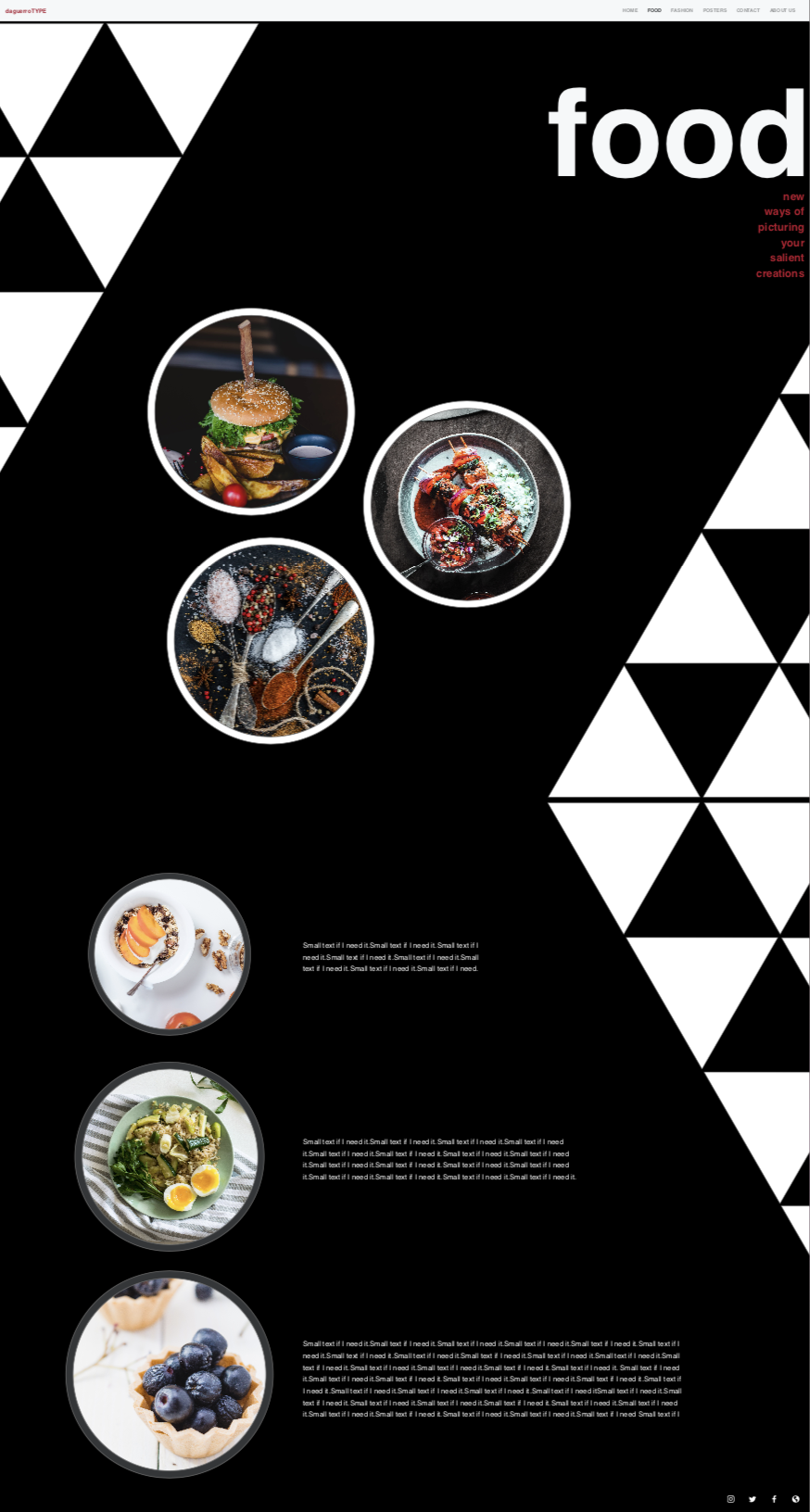 a food page mockup of a mock design studio. The food pictures are in circles, and there are triangles in the background.